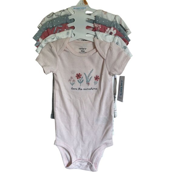 New! Carter's 5 Piece Short Sleeve Onesie Set 12M Floral Stripe Love the Sunshin - Picture 1 of 9